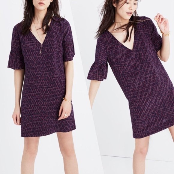 Madewell Purple Floral V-Neck Bell Sleeve Mini Dress - Picture 1 of 6